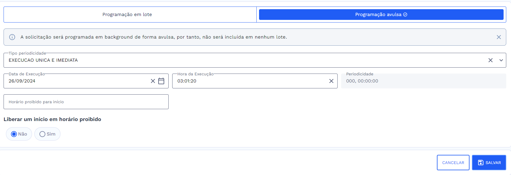 Programação avulsa – Dados preenchidos