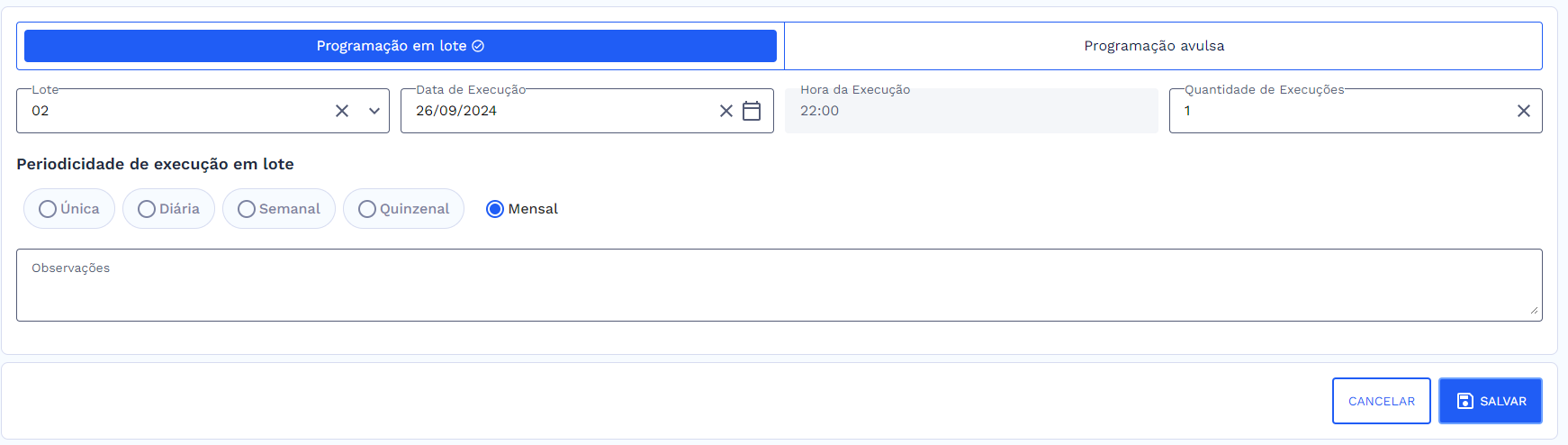 Programação em lote – Dados preenchidos
